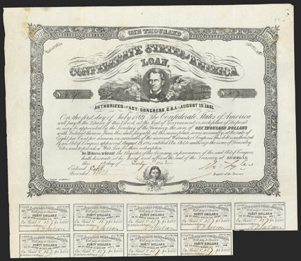 Act of August 19, 1861. $1000. Cr. 84, B-56. No. 157. C.G. Memminger supported by Agriculture and Commerce, ships and factories in background, top center. Childs head at bottom
center above blank scroll. Signed by Tyler. 9 coupons below. Fox