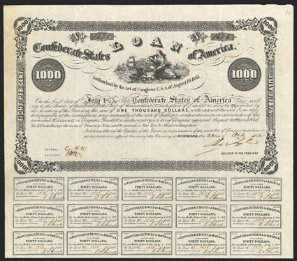 Act of August 19, 1861. $1000. Cr. 93, B-95. No. 1676. The Confederacy, with stylized Confederate flag on shield, ships in the distance. Signed by Tyler. 21 coupons below.
Evans & Cogswell. Edge and fold wear, VF. From The Holger