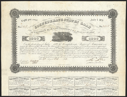 Act of August 19, 1861. $1000. Cr. 99, B-121. No. 2413. As previous. Signed by Tyler. 29 coupons below. Dutch handstamp on verso. Light foxing, folds, minor edge wear, a good
VF. From The Holger Dreher Collection