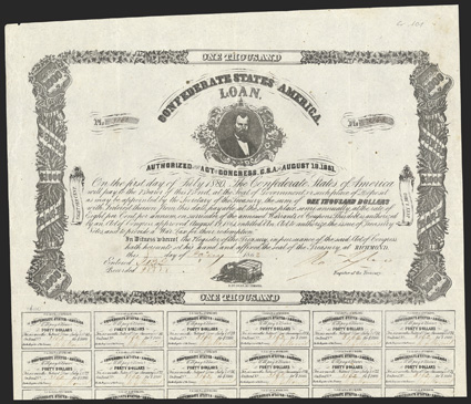 Act of August 19, 1861. $1000. Cr. 101, B-129. No. 3162. As previous. Signed by Tyler. 32 coupons below. B. Duncan. Small nick upper left, folds, scant foxing, VF. From The
Holger Dreher Collection