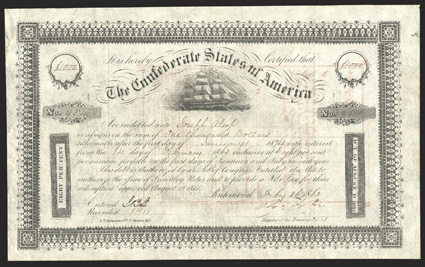 Act of August 19, 1861. $1000. Cr. 103, B-139. No. 954. Due January 1, 1874. As previous. Signed by Tyler. Folds soiling in right margin, sharp VF. From The Holger Dreher
Collection