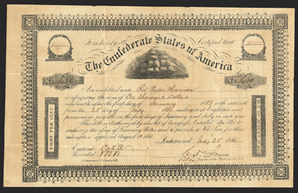 Act of August 19, 1861. $1000. Cr. 104, B-138. No. 430. Due January 1, 1881. As previous, except denomination in red ink. Signed by Jones. Fold wear including small holes at
intersections, toned, about VF. From The Holger Dreher Colle
