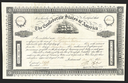 Act of August 19, 1861. $100. Cr. 105, B-140. No. 394. Due January 1, 1879. Sailing ship, center. Signed by Tyler. No coupons attached. Red assignment form on verso. J. T.
Paterson. Fold wear, slightly uneven edges, about VF+. ex R.M.