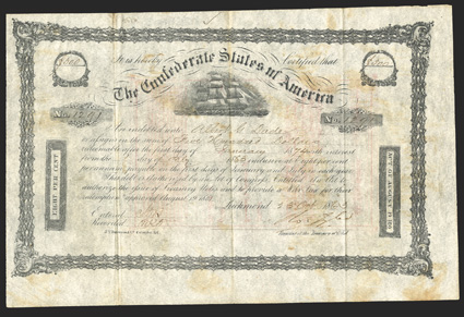 Act of August 19, 1861. $500. Cr. 105, B-140. No. 1291. Due January 1, 1874. Full rigged sailing ship at center. Ornate Lathework border frame. Signed by Tyler. J. T. Paterson.
Well foxed, fold wear, Fine. From The Holger Dreher C