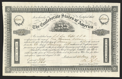 Act of August 19, 1861. $2000. Cr. 105, B-140. No. 467. As previous. Assigned to Captain Sidney Smith Lee, Robert E Lees older brother, appropriate given the ship vignette, as
Captain Lee was in the CSA Navy. Fold and edge wear, but a strong