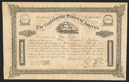Act of August 19, 1861. $100. Cr. 106, B-137. No. 172. Due January 1, 1866. Variety 1. Sailing vessel. Typeset border frame. Signed by Tyler. Hoyer & Ludwig. Toned, edge and
fold wear, scant foxing, about VF. From The Holger Dreher Co