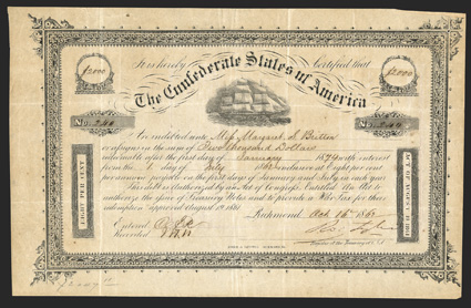 Act of August 19, 1861. $2000. Cr. 106, B-137. No. 240. Due January 1, 1874. As previous. Variety 1. Signed by Tyler. Hoyer & Ludwig. Edge wear, toning, folds, VF. From The
Holger Dreher Collection