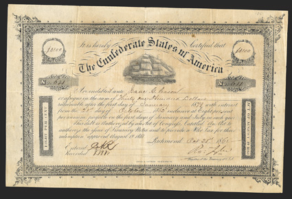 Act of August 19, 1861. $3100. Cr. 106, B-137. No. 64. Due January 1, 1879. Variety 1. As previous. Signed by Tyler. Edge and fold wear, foxing, uneven edges, a very strong
Fine. From The Holger Dreher Collection