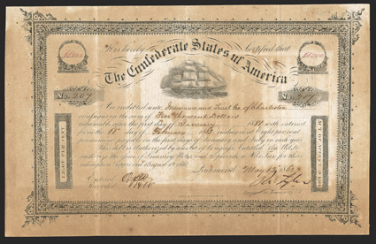 Act of August 19, 1861. $5000. Cr. 106, B-137. No. 207. Due January 1, 1881. As previous. Variety 1. Red ink $5000 in value medallions. Signed by Tyler. Strong uneven toning,
fold wear, about Fine. From The Holger Dreher Collectio