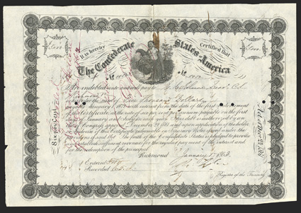 Act of December 24, 1861. $5000. Cr. 109, B-146. No. 8052. Commerce with cornucopia at center. Handwritten denomination. Signed by Tyler. Issued to and signed by Elmore on the
reverse. Punch and pen cancels, transfers on verso. Ink stain at v