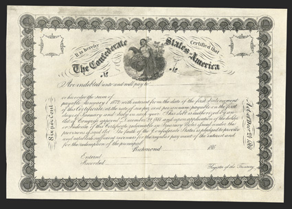 Act of December 24, 1861. Unissued. Cr. 109, B-146. No serial number. Commerce with cornucopia, center. Unissued and unsigned. Soiling in top edge, one tiny spot of foxing in
right margin, but sharp and VF+.