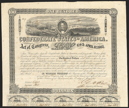 Act of April 12, 1862. $100. Cr. 110, B-147. No. 9. As previous. Signed by Rose. 15 coupons below with small steamboat on each. Foxed, fold wear, toned, VF. From The Holger
Dreher Collection