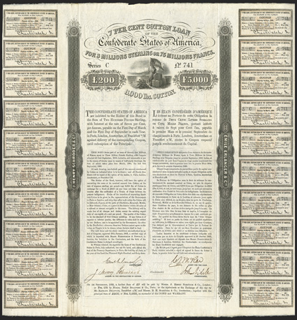 Act of January 29, 1863. 200 Pounds (5000 Francs). Cr. 117, B-157. No. 741. Series C. As preceding, but for beige tint. Only 1,500 issued. Also tri-denominated in Pounds,
Francs and 8,000 lbs. of cotton. Signed by Erlanger and Slidell. All but
