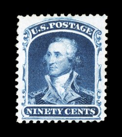 47, 90c Deep blue reprint, without gum as issued, extraordinarily well centered amid uncharacteristically large margins, rich luxuriant color and a crisp impression on bright
paper, fully intact perforations all around, extremely fine an especi