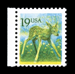 2479b, 19c Fawn, red omitted, left sheet-margin single, with the other colors misaligned as always, o.g., n.h., very fine only one sheet of 100 stamps was
discovered.