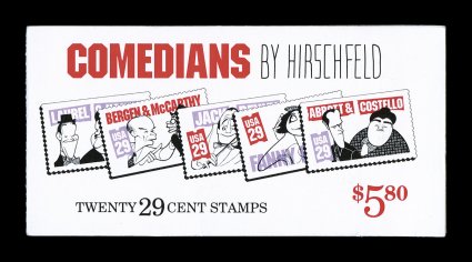 2566a, 29c Comedians booklet pane of five, scarlet and bright violet (engraved) omitted, contained in an unexploded booklet with a normal pane, o.g., n.h., very
fine.