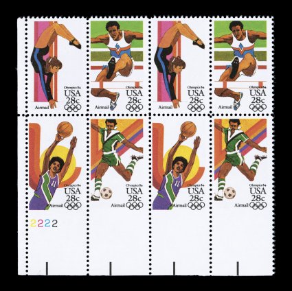 C104a var., 28c Olympic se-tenant block imperforate in bottom sheet-margin, bottom left corner margin plate no. 2222 block of eight, o.g., n.h., light gum crease in second
stamp on top row, very fine and very scarce unlisted in any catalog.
