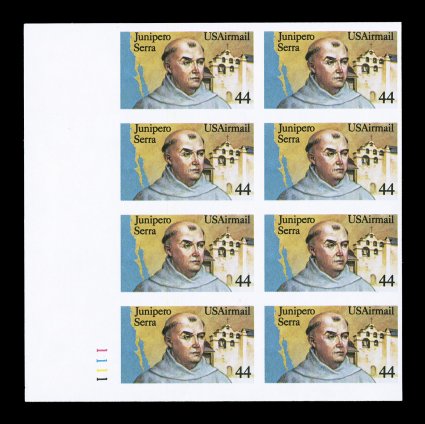 C116a, 44c Father Junipero Serra, imperforate, an immensely rare bottom left corner margin plate no. 1111 block of eight, containing four pairs, large margins, exceedingly
fresh, o.g., n.h., miniscule gum wrinkle on the right stamp in the third