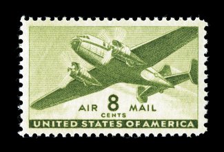 C26, 8c Olive green, marvelously well centered within large margins, rich color, o.g., n.h., extremely fine gem 2007 PSE certificate (Superb 98 SMQ $180.00) only one stamp
grades higher (100).