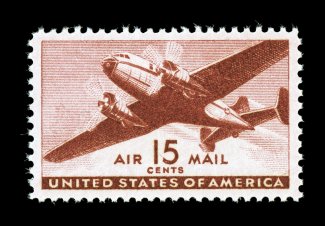 C28, 15c Brown carmine, outstanding centering amid large margins, rich bright color, o.g., n.h., extremely fine gem 2007 PSE certificate (Superb 98 SMQ
$200.00).