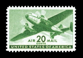 C29, 20c Bright green, extraordinarily well centered and margined, brilliant color, o.g., n.h., extremely fine gem 2007 PSE certificate (Superb 98 SMQ
$220.00).