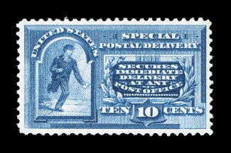 E2, 10c Blue, an especially desirable mint single, excellent centering within uncommonly large margins, wonderfully fresh color and a well defined impression on immaculate
white paper, o.g., n.h., extremely fine a terribly difficult stamp to fi