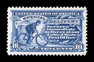 E6, 10c Ultramarine, a superlative mint single that is clearly among the finest never hinged E6s in existence, as it boasts exceedingly large and perfectly symmetrical margins
all around, plus its color is especially rich and luxuriant, wh