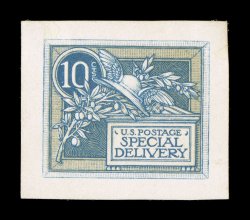 E7-E4 var, 10c Green blue woodcut essay on yellowish wove card, Type II, with frame lines and yellowish background colored in, including thin vertical lines in text, palette
and circle surrounding 10, very large margins, trivial thin spot at t