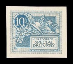 E7-E4 var, 10c Green blue woodcut essay on thin yellowish wove card, Type III, without frame lines and no vertical lines in the text, palette and circle surrounding 10, large
balanced margins, extremely fine 2006 PF certificate.