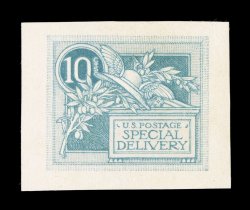 E7-E4 var, 10c Green blue woodcut essay on yellowish wove card, Type IV, without frame lines, but with faint bluish green background colored in, including thin vertical lines
in the text, palette and circle surrounding 10, large margins, extre