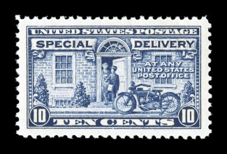 E12a, 10c Deep ultramarine, an amazing mint single in the finest quality possible, featuring absolutely perfect centering amid enormously large margins, deep luxuriant color
and a truly prooflike impression on pristine white paper, unblemished o