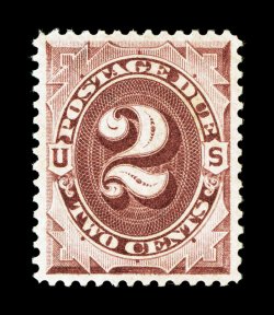J16, 2c Red brown, an extraordinarily choice mint single, incredibly well centered within large margins, sumptuously rich color and a crisp clean impression, o.g., lightly
hinged, an extremely fine gem 2002 PSE certificate (Superb 98 SMQ $520.