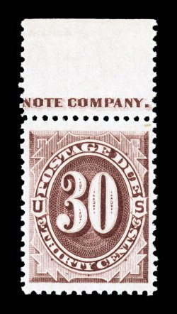 J20, 30c Red brown, an especially handsome top margin partial imprint single, incredibly fresh, with deep luxuriant color and a razor-sharp impression on crisp white paper,
extraordinarily well centered within tall margins, o.g., n.h., extreme