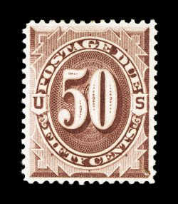 J21, 50c Red brown, an exceptionally well centered mint example of this very scarce high value, with uncharacteristically large and wonderfully well balanced margins all
around, bright rich color and impression, o.g., extremely fine and handsome