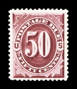 J28, 50c Bright claret, a remarkably fresh and choice mint example of this high value, outstanding color that is especially deep and intense, vivid impression on crisp white
paper, well centered within extraordinarily large margins, pristine o.g
