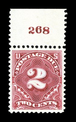 J39, 2c Deep claret, handsome top margin plate no. 268 single, exceedingly well centered within large margin, sumptuously rich color and a well defined impression, o.g., n.h.,
extremely fine 2007 PSE certificate (XF 90 SMQ $120.00).