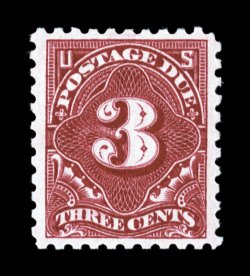 J54, 3c Carmine lake, an incomparable mint example of this very scarce and challenging postage due, being in a quality unlike any other we have ever seen offered at auction,
boasting numerous extraordinary physical attributes, not the least of w