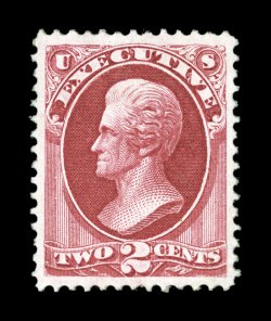 O11, 2c Executive, an especially desirable mint example of this scarce and difficult stamp, being extraordinarily well centered within lavishly large margins, traits that are
most uncharacteristic to the Executive series, brilliantly fresh color
