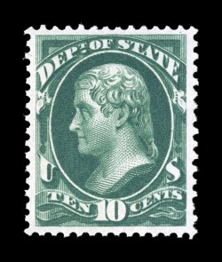 O62, 10c State, exceptionally fresh mint single, with sumptuously rich color and a deeply etched impression on pristine white paper, uncommonly well centered and margined,
o.g., n.h., extremely fine 1991 PF certificate for a block of four, this
