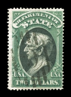 O68, $2.00 State, handsome and scarce used example of this higher value, strong colors and sharp impressions, neat numeral 6 in oval grid postmark, fine and actually
significantly scarcer in this attractive used condition than mint.