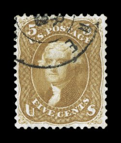 67, 5c Buff, premium quality used example that is exceedingly well centered within larger margins than normally found on this difficult value, lovely rich color and a well
defined impression, neat town c.d.s. cancel, extremely fine and choice 1