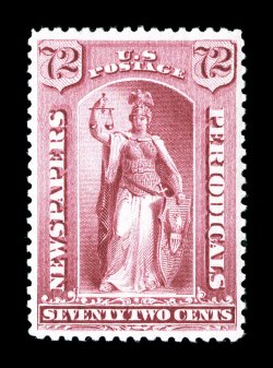 PR87, 72c Carmine, a wonderfully choice mint example, being exceedingly well centered within large margins, beautiful vibrant color and a well defined impression on fresh white
paper, unblemished o.g., never hinged, extremely fine.