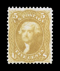67a, 5c Brown yellow, unused, nicely centered for this, attractive color, certificate states regummed but the gum has since been removed, nearly very fine an especially rare
stamp to find both unused and sound 1991 PSE certificate erroneously