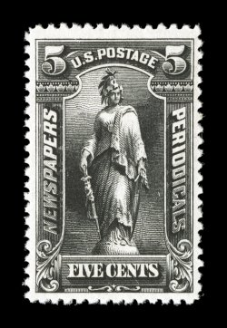 PR104, 5c Black, deep intense color and impression on fresh white paper, well centered and margined, pristine o.g., n.h., very fine 1999 PF certificate for the imprint strip of
three from which this came.