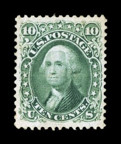 68, 10c Yellow green, a marvelously choice mint single, featuring lavishly large margins all around and being exceedingly well centered within these generous borders,
brilliantly rich color and a crisp clean impression, full o.g., lightly hinged