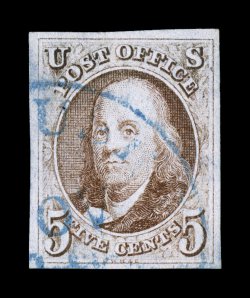 1, 5c Red brown, handsome used example with four large balanced margins all around, rich color and clean impression, neat portion of scarce blue town cancel, choice very fine an
appealing stamp 1997 PF certificate.