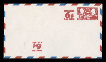 UC23 var., 6c on 5c Carmine, double surcharge, one inverted, clean mint example of this very rare entire, extremely fine of the approximately 83 issued, we can only imagine
that a tiny number still exists with this elusive surcharge error, th