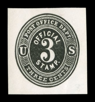 UO8, 3c Black Post Office Dept on white, mint cut square, measuring 32x34mm, unusually fresh and bright with brilliant white paper, very fine and choice for this rare official
cut square.
