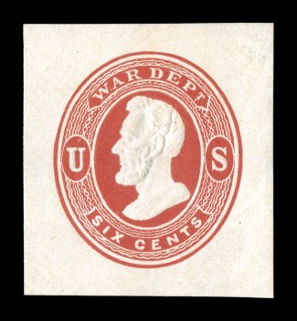 UO38, 6c Vermilion War Dept. on cream, handsome mint cut square, well centered measuring 33x37mm, bright and fresh, choice very fine.