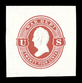 UO42, 24c Vermilion War Dept. on white, fresh mint cut square, measuring 37x38mm, radiant color on bright white paper, extremely fine.